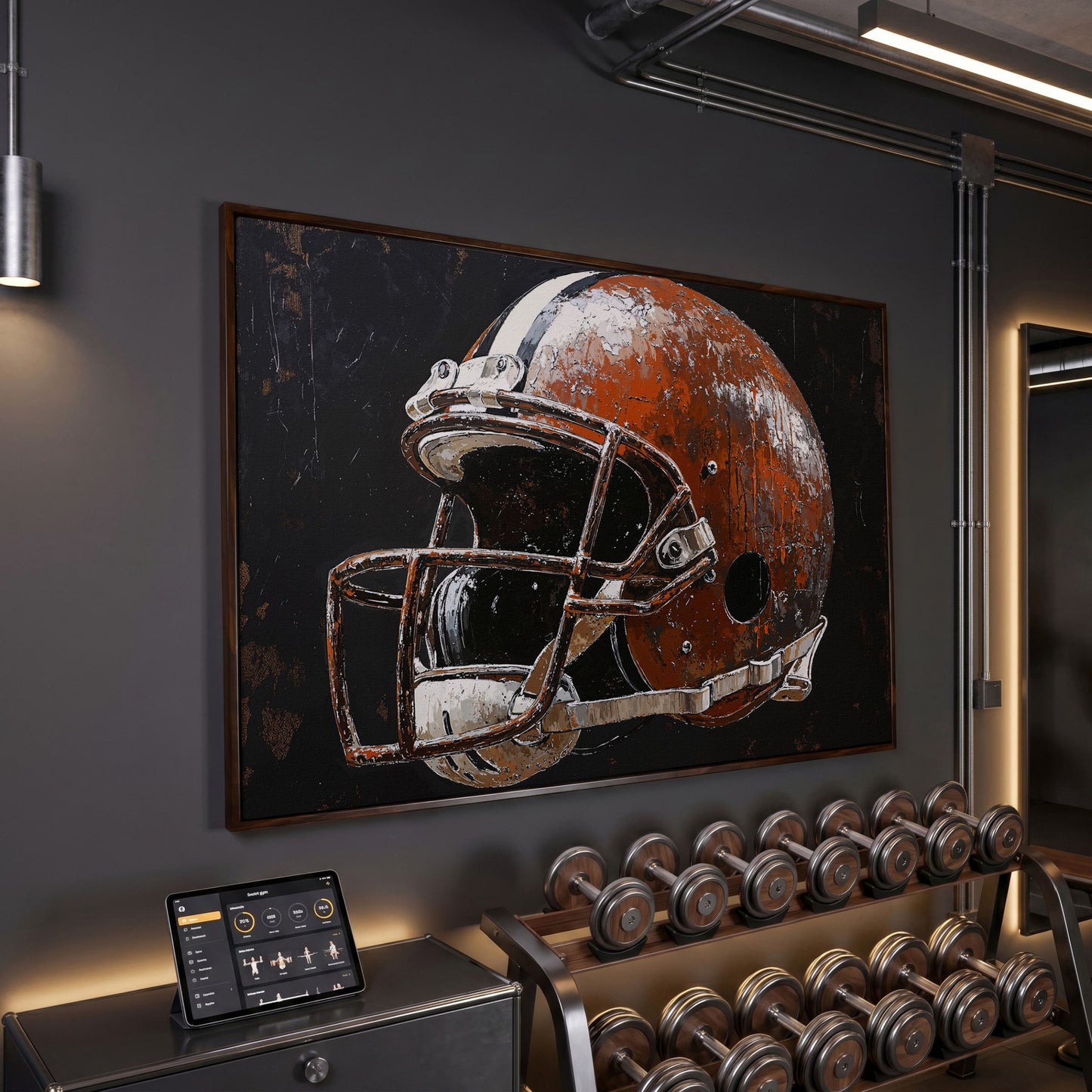 Vintage Football Helmet on Burnt Sienna Canvas in dark walnut floating frame