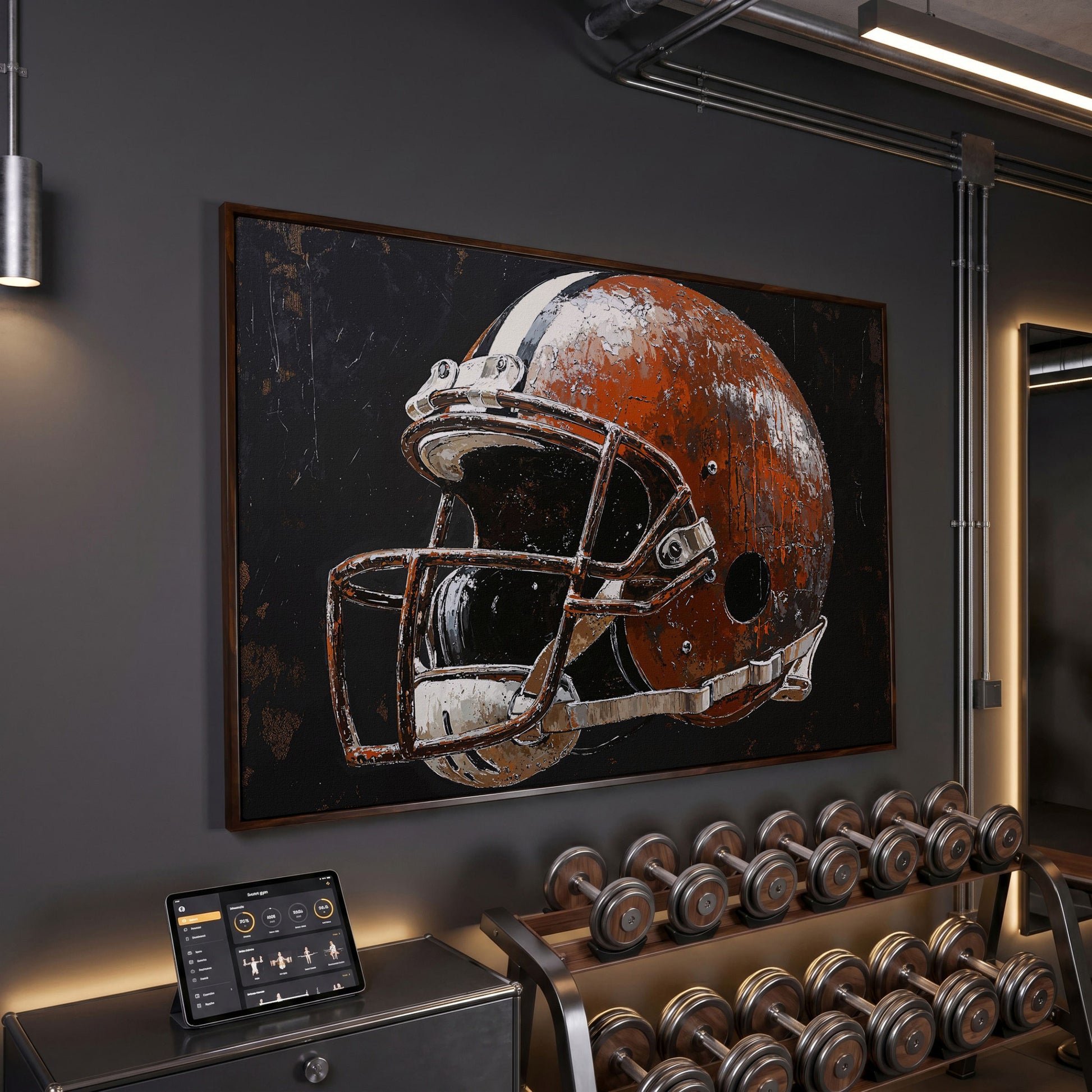 Vintage Football Helmet on Burnt Sienna Canvas in dark walnut floating frame