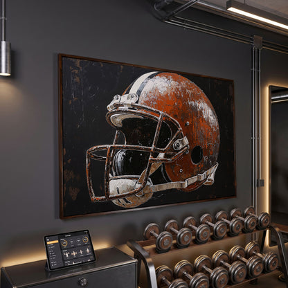 Vintage Football Helmet on Burnt Sienna Canvas in dark walnut floating frame