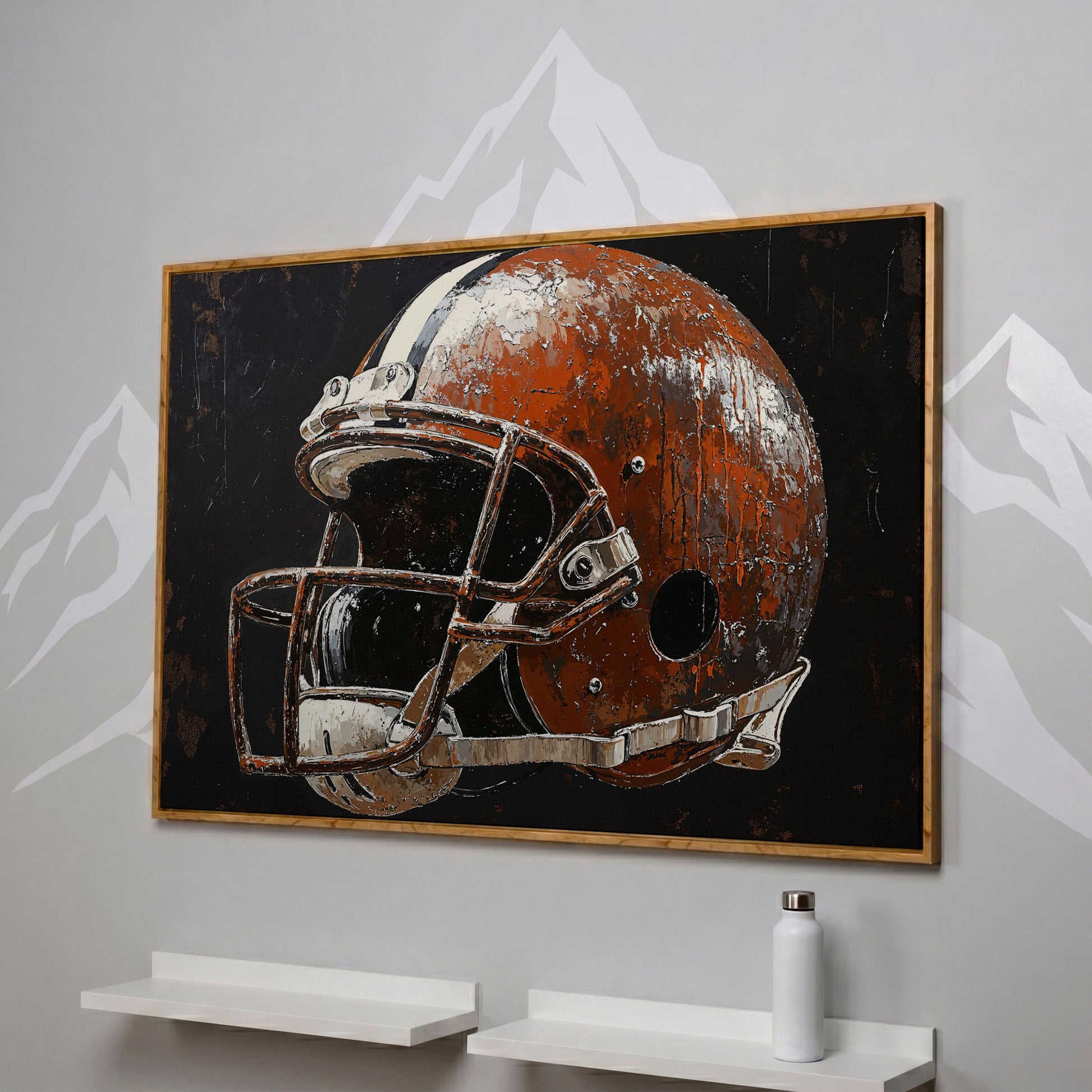 Vintage Football Helmet on Burnt Sienna Canvas in white oak floating frame