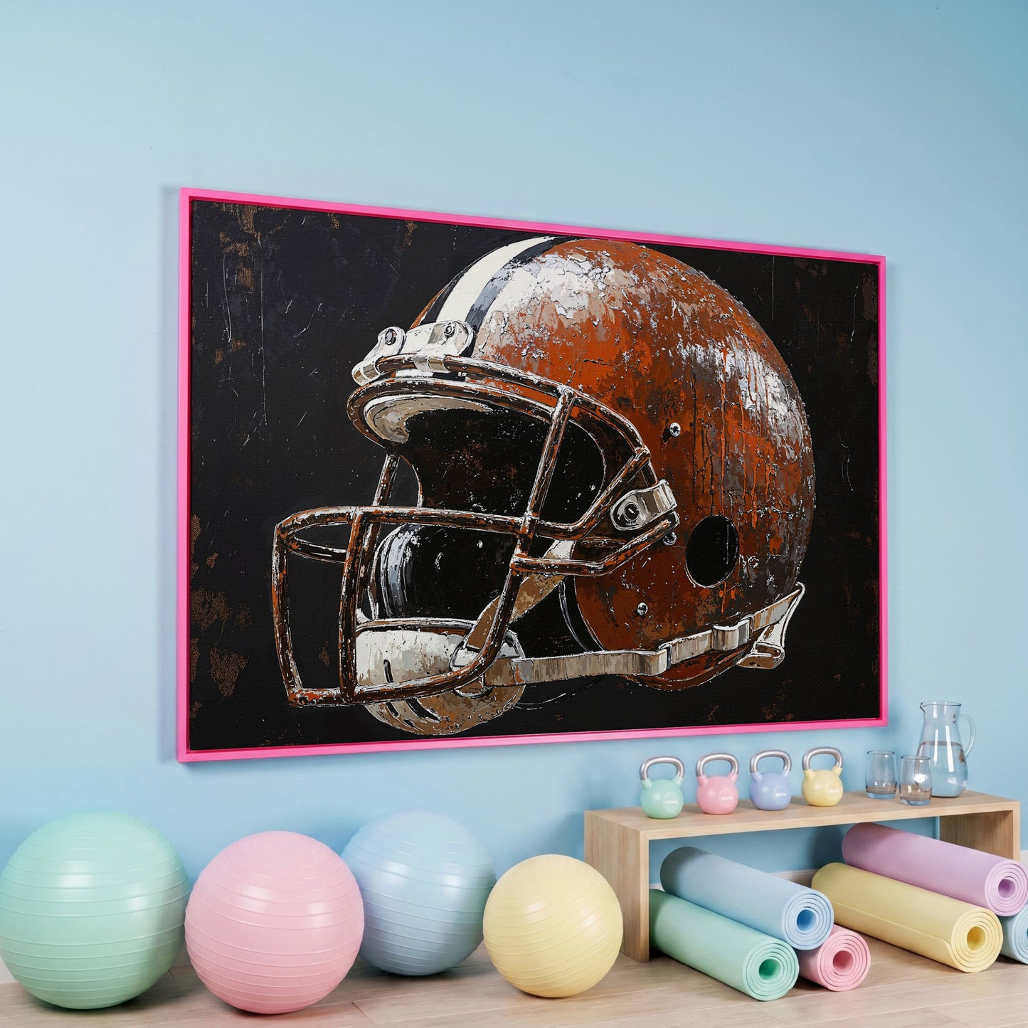 Vintage Football Helmet on Burnt Sienna Canvas in pink floating frame
