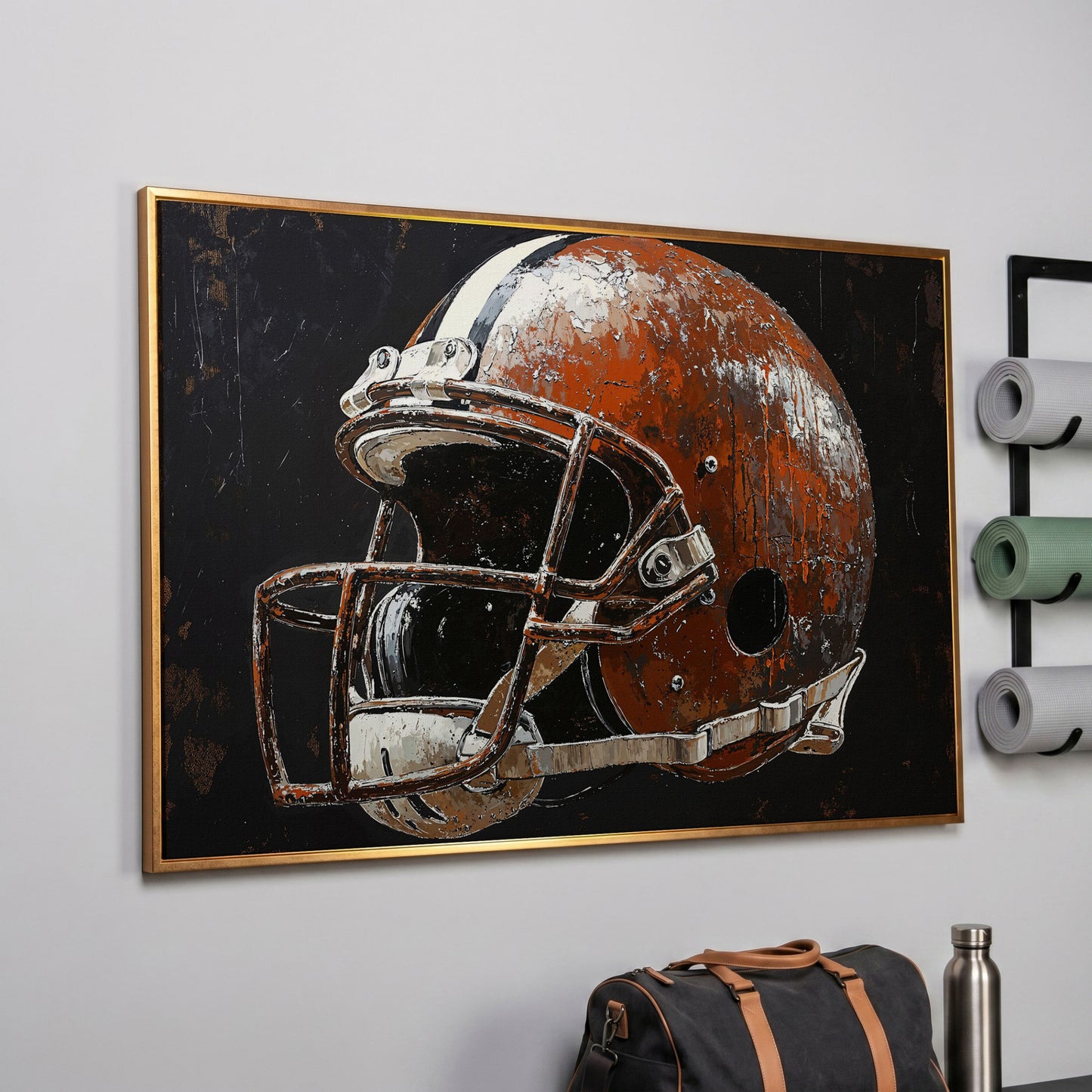 Vintage Football Helmet on Burnt Sienna Canvas in rose gold floating frame