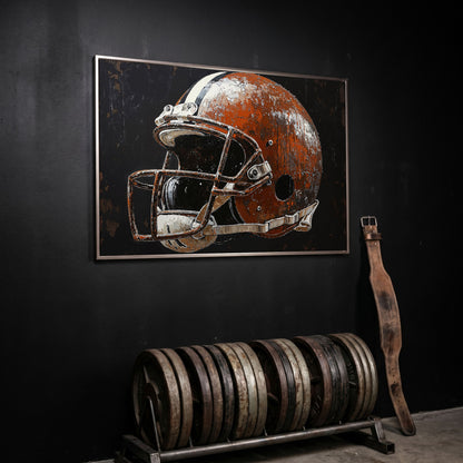 Vintage Football Helmet on Burnt Sienna Canvas in silver floating frame