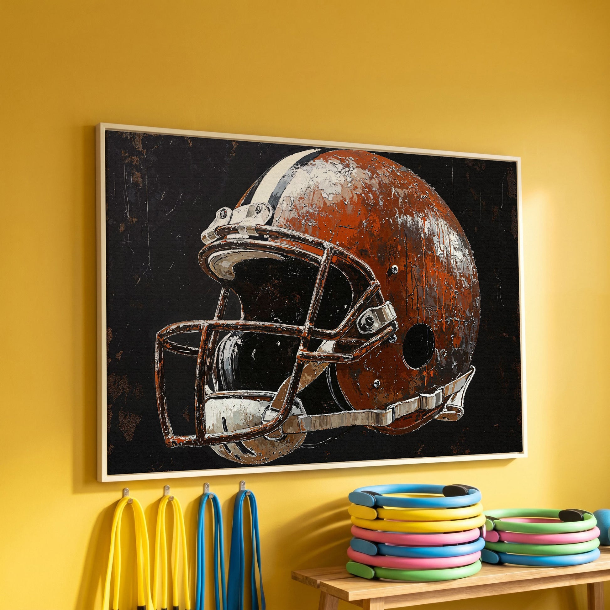Vintage Football Helmet on Burnt Sienna Canvas in white floating frame