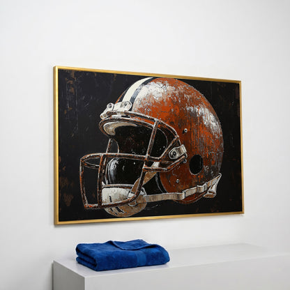 Vintage Football Helmet on Burnt Sienna Canvas in yellow gold floating frame