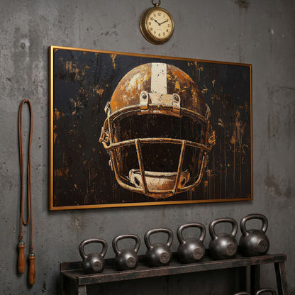 Bold American Football Helmet Canvas Print in antique gold floating frame
