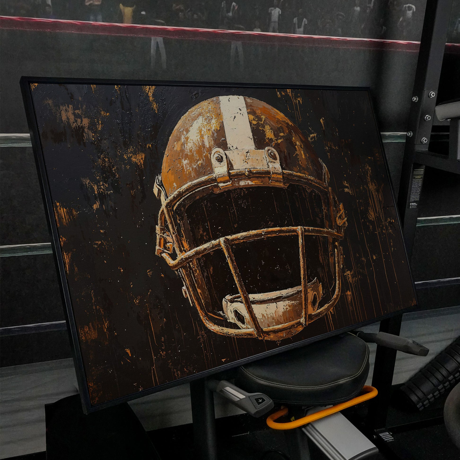 Bold American Football Helmet Canvas Print in black floating frame