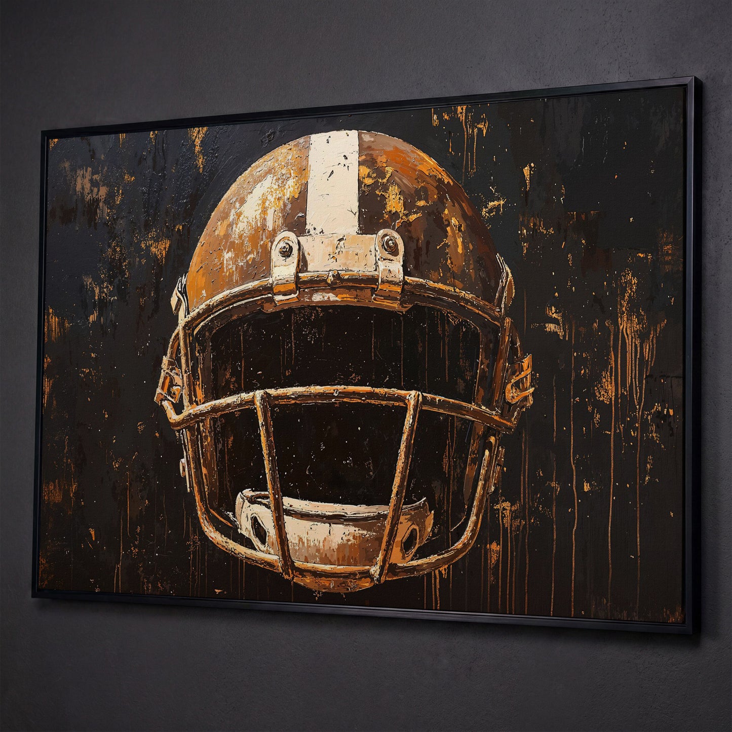Bold American Football Helmet Canvas Print shown in black floating frame