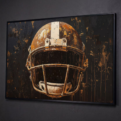Bold American Football Helmet Canvas Print shown in black floating frame