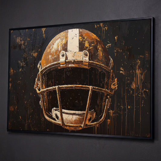 Bold American Football Helmet Canvas Print shown in black floating frame