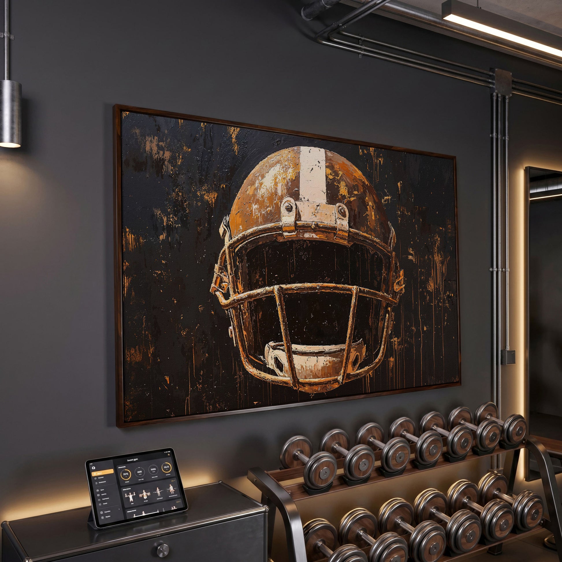 Bold American Football Helmet Canvas Print in dark walnut floating frame