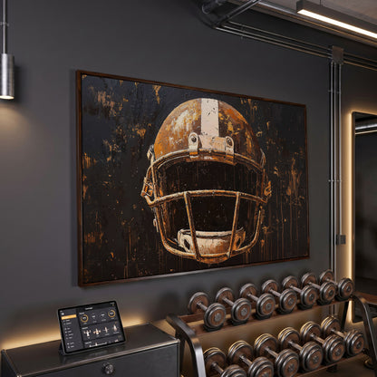 Bold American Football Helmet Canvas Print in dark walnut floating frame