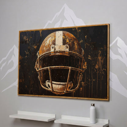 Bold American Football Helmet Canvas Print in white oak floating frame