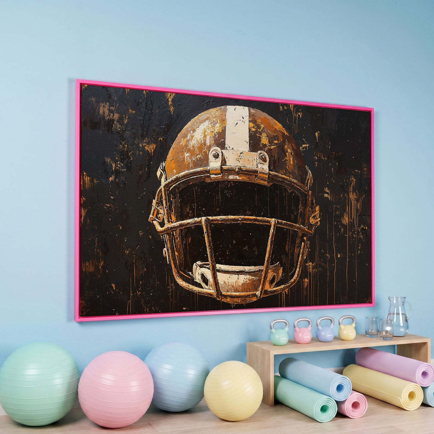 Bold American Football Helmet Canvas Print in pink floating frame
