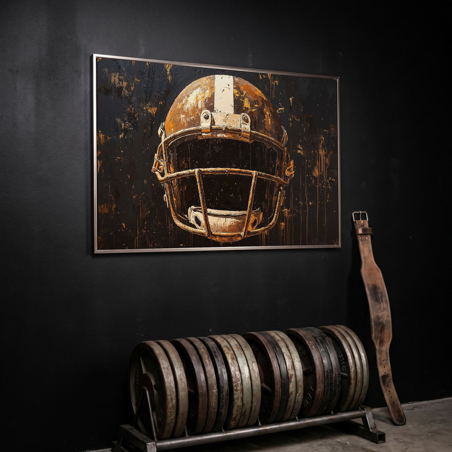 Bold American Football Helmet Canvas Print in silver floating frame