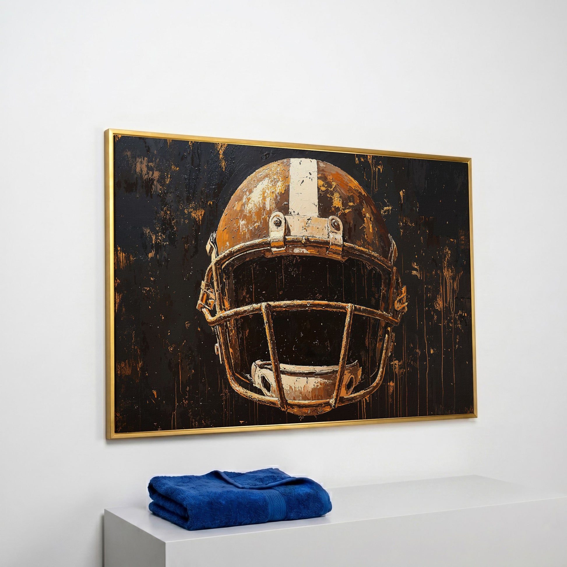 Bold American Football Helmet Canvas Print in yellow gold floating frame