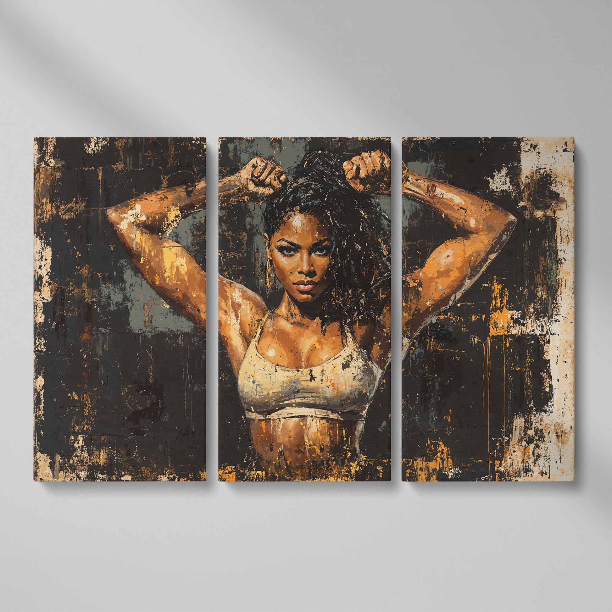 Female Bodybuilder Abstract Canvas Print in Ochre as 3-panel split version