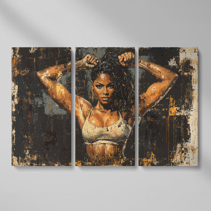 Female Bodybuilder Abstract Canvas Print in Ochre as 3-panel split version