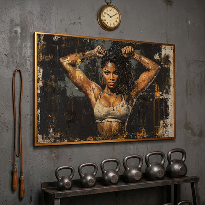 Female Bodybuilder Abstract Canvas Print in Ochre in antique gold floating frame
