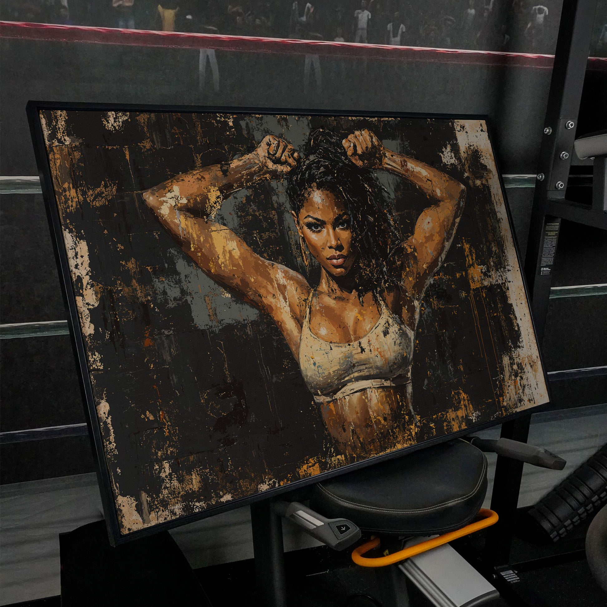 Female Bodybuilder Abstract Canvas Print in Ochre in black floating frame