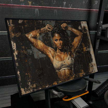 Female Bodybuilder Abstract Canvas Print in Ochre in black floating frame