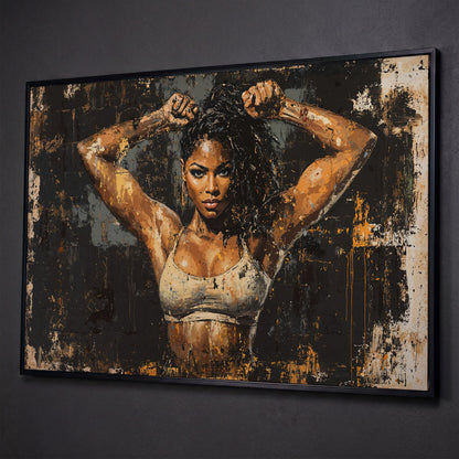 Female Bodybuilder Abstract Canvas Print in Ochre shown in black floating frame