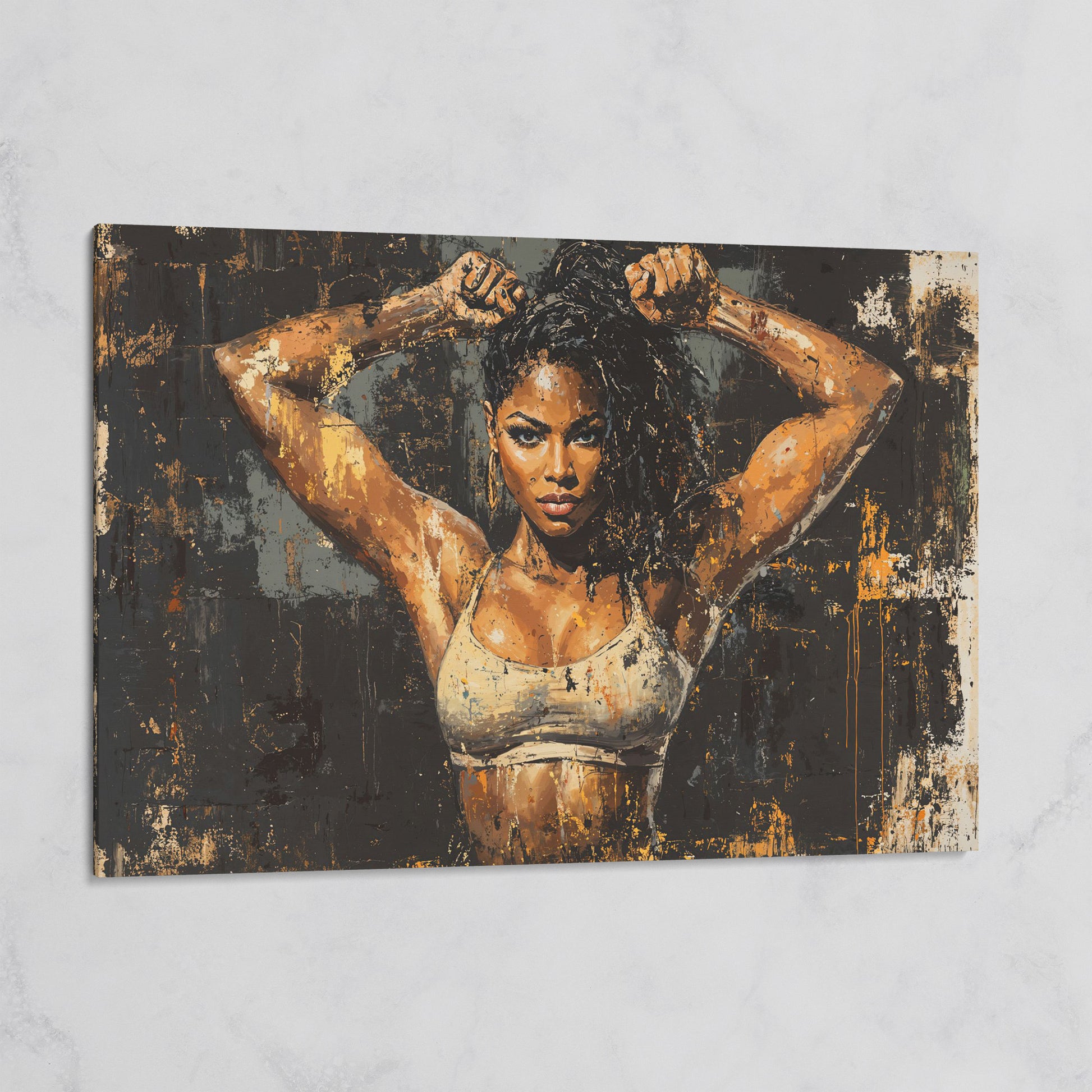 Female Bodybuilder Abstract Canvas Print in Ochre on gallery wrap