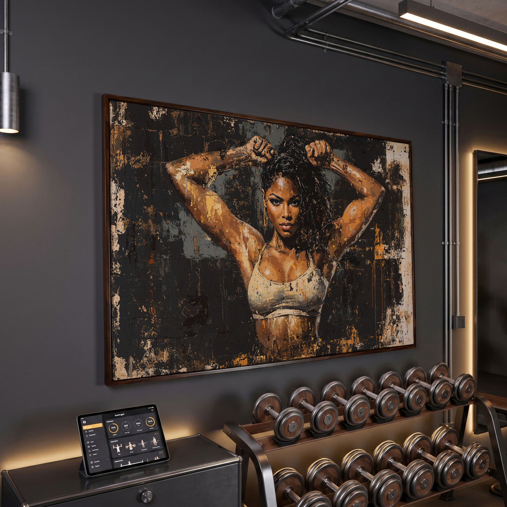 Female Bodybuilder Abstract Canvas Print in Ochre in dark walnut floating frame