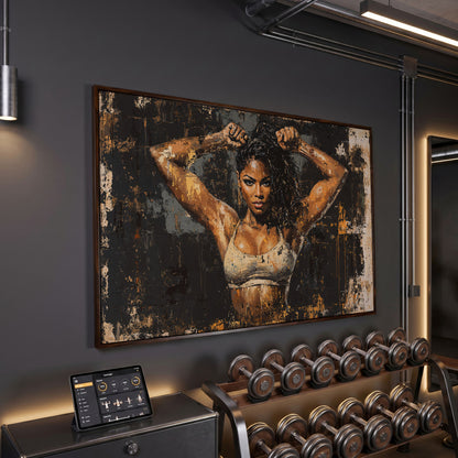 Female Bodybuilder Abstract Canvas Print in Ochre in dark walnut floating frame