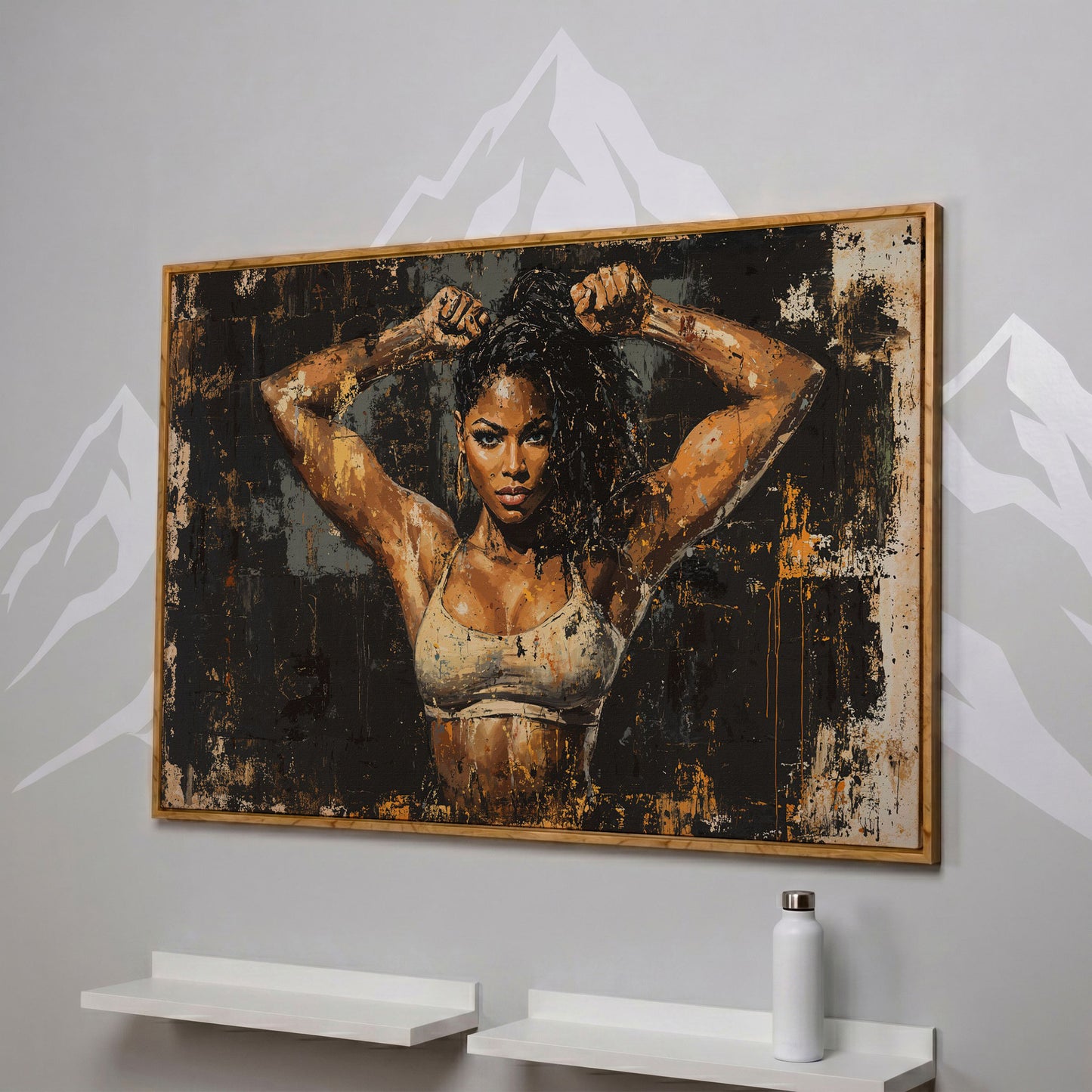 Female Bodybuilder Abstract Canvas Print in Ochre in white oak floating frame