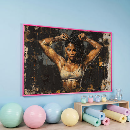 Female Bodybuilder Abstract Canvas Print in Ochre in pink floating frame