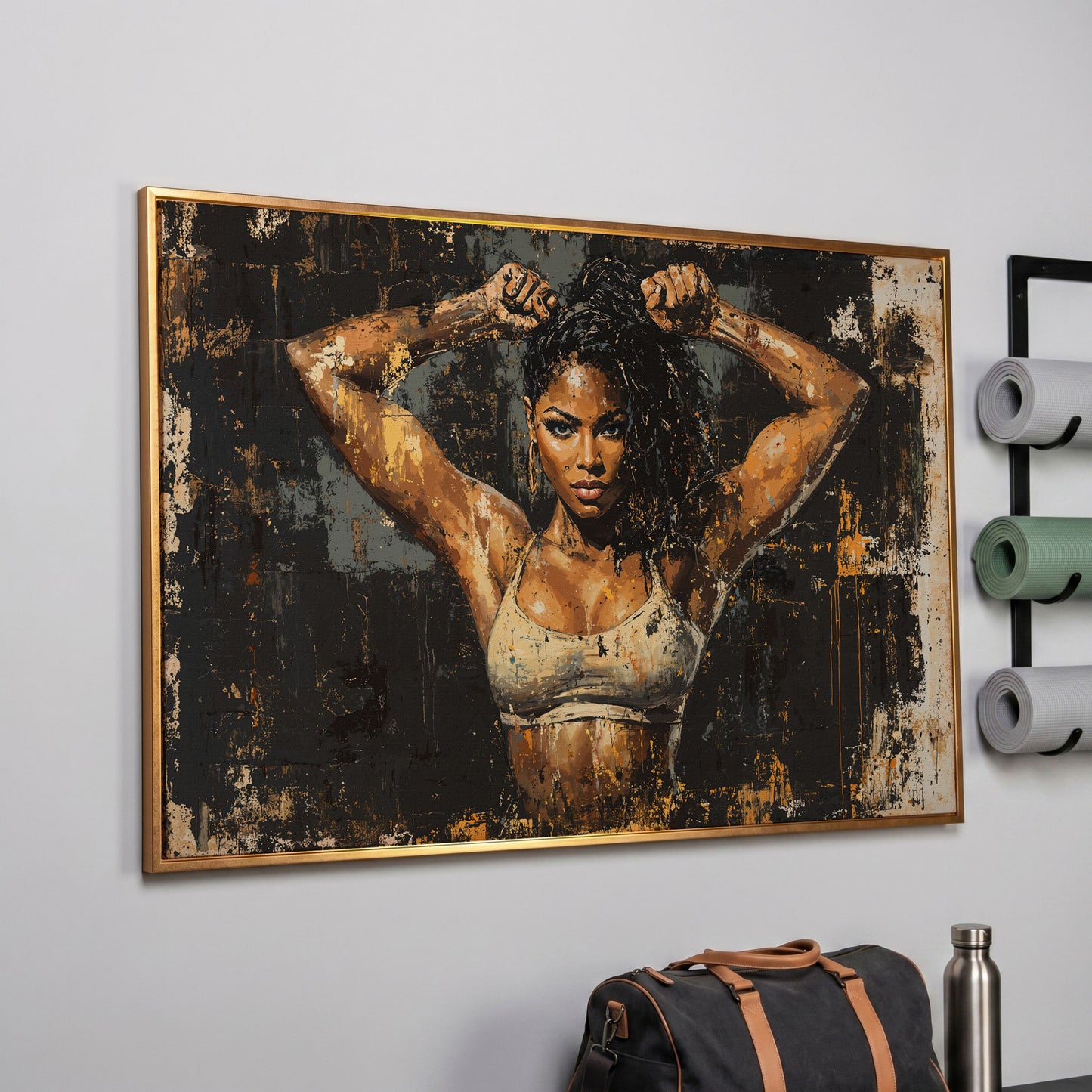 Female Bodybuilder Abstract Canvas Print in Ochre in rose gold floating frame