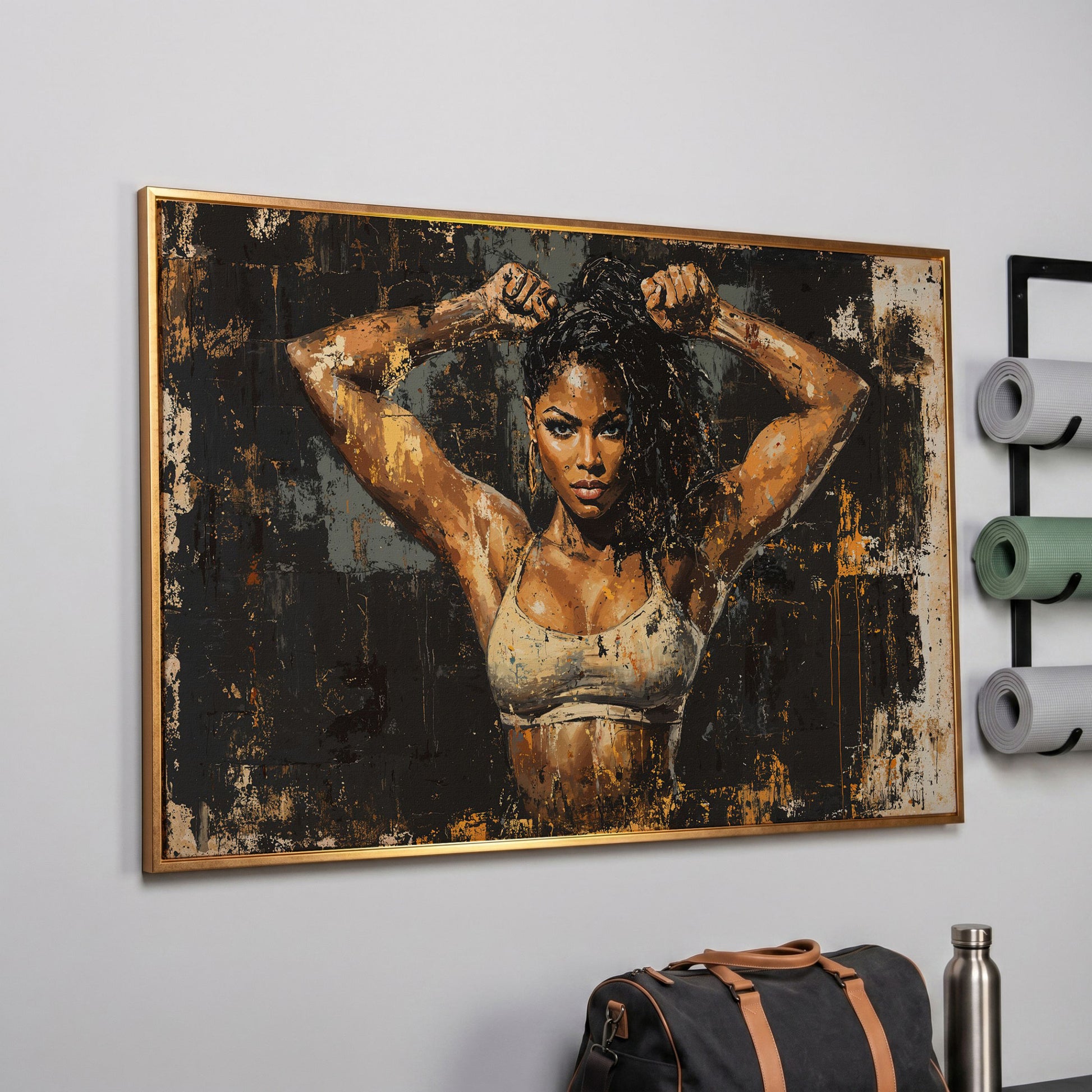 Female Bodybuilder Abstract Canvas Print in Ochre in rose gold floating frame