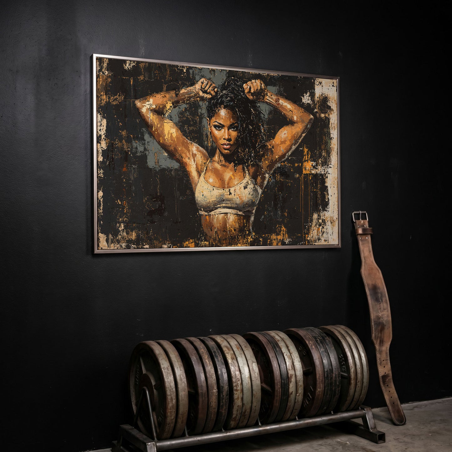 Female Bodybuilder Abstract Canvas Print in Ochre in silver floating frame
