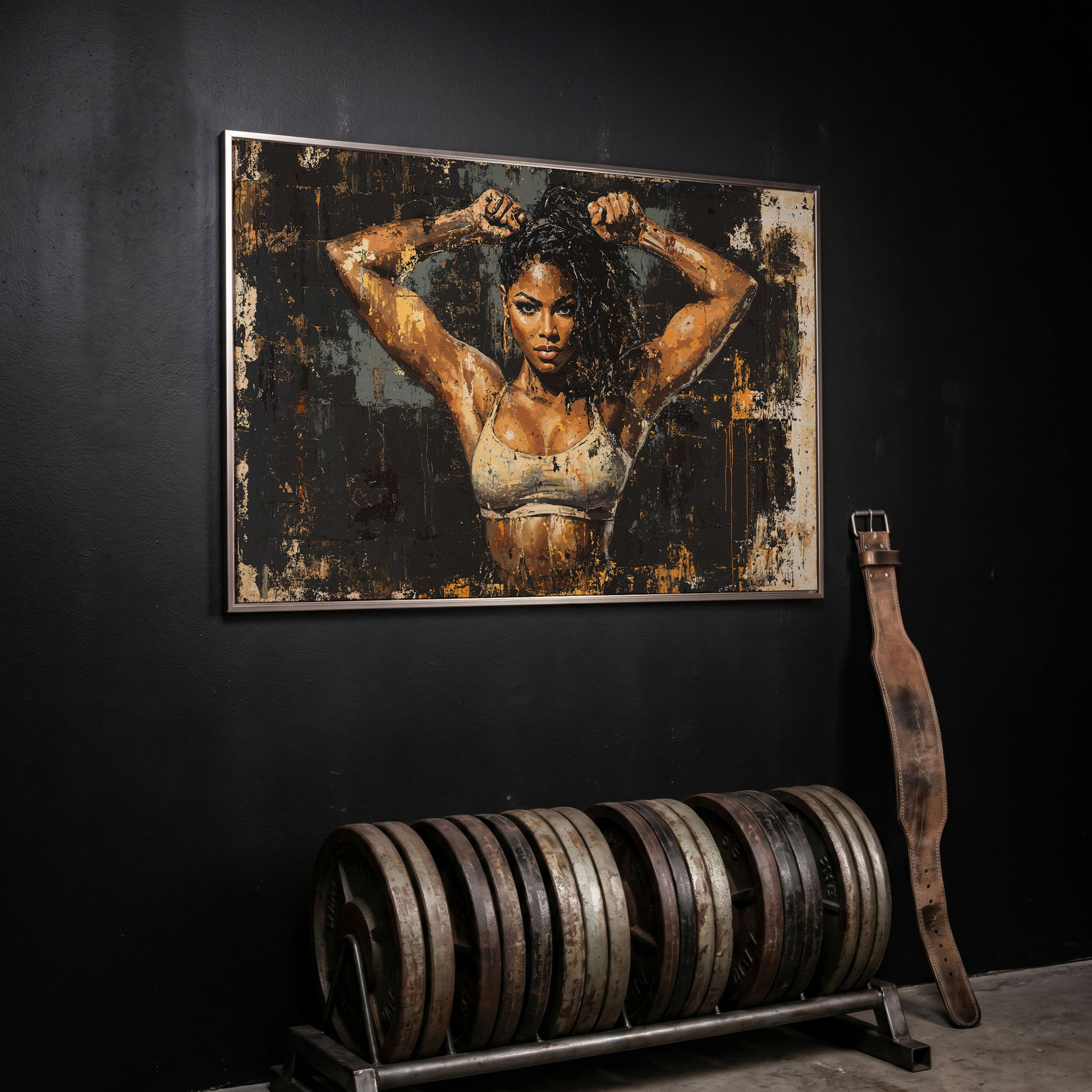 Female Bodybuilder Abstract Canvas Print in Ochre in silver floating frame
