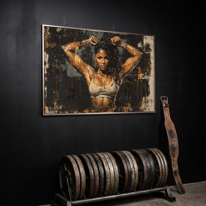 Female Bodybuilder Abstract Canvas Print in Ochre in silver floating frame