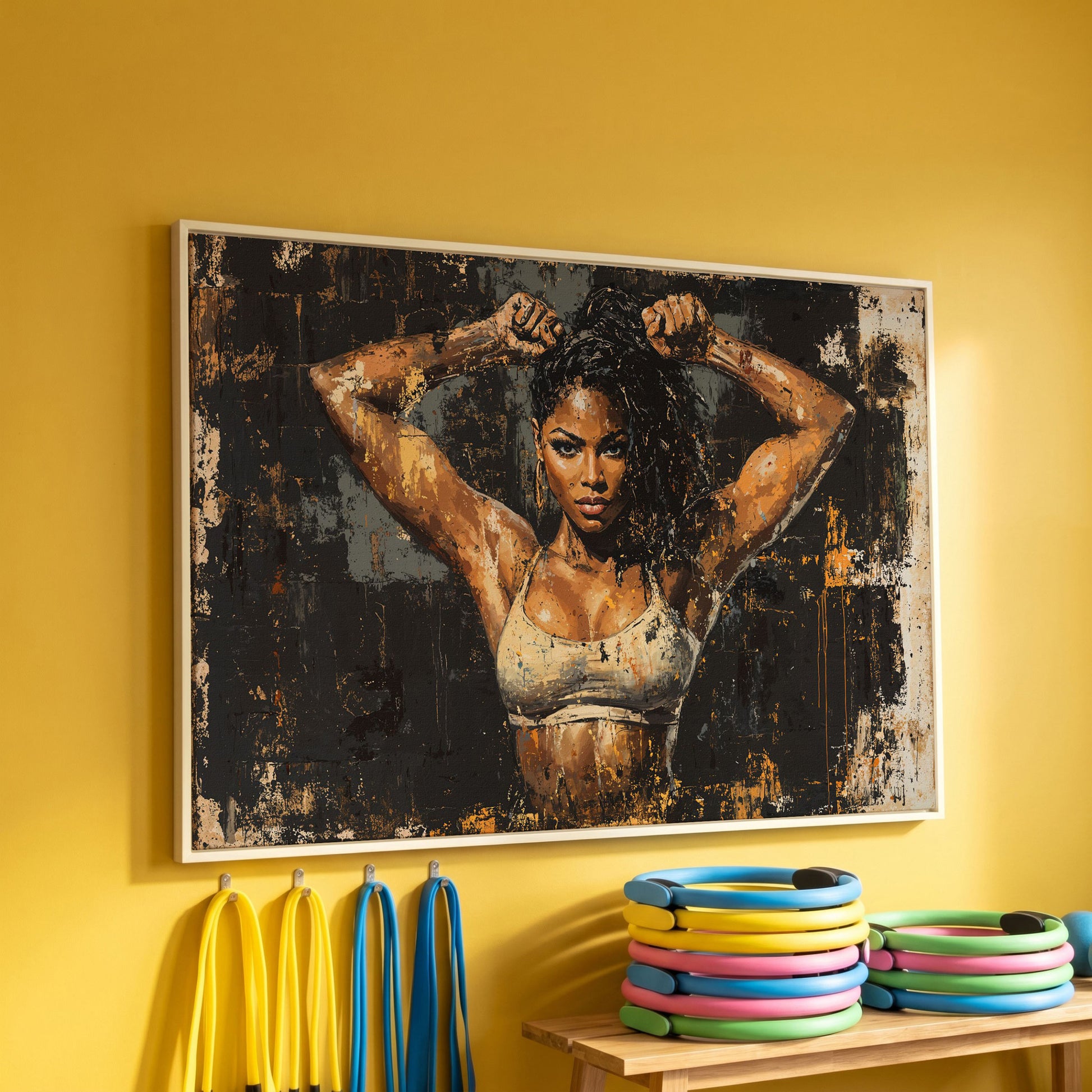 Female Bodybuilder Abstract Canvas Print in Ochre in white floating frame