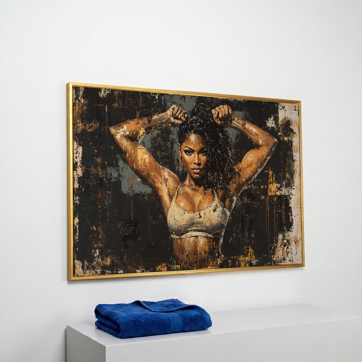 Female Bodybuilder Abstract Canvas Print in Ochre in yellow gold floating frame
