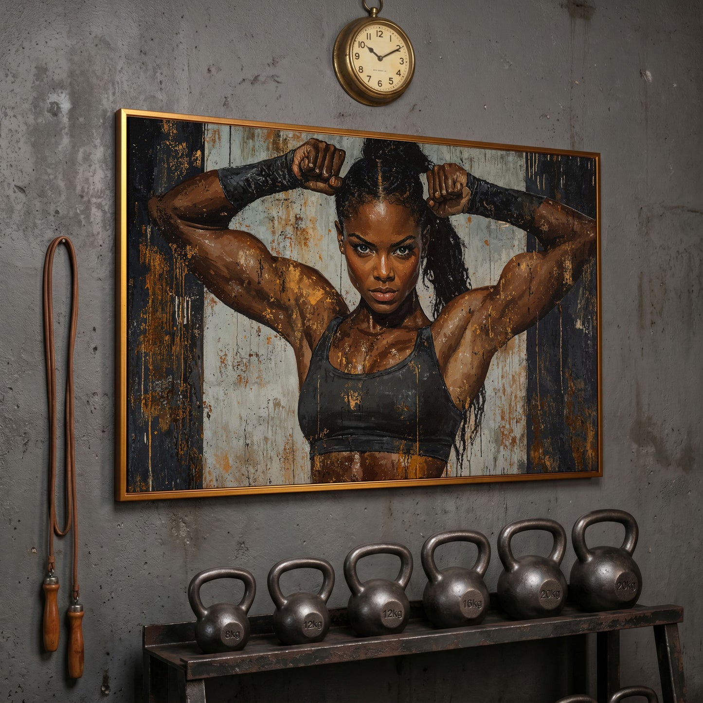 Strong Woman Fitness Motivation Canvas Print in antique gold floating frame