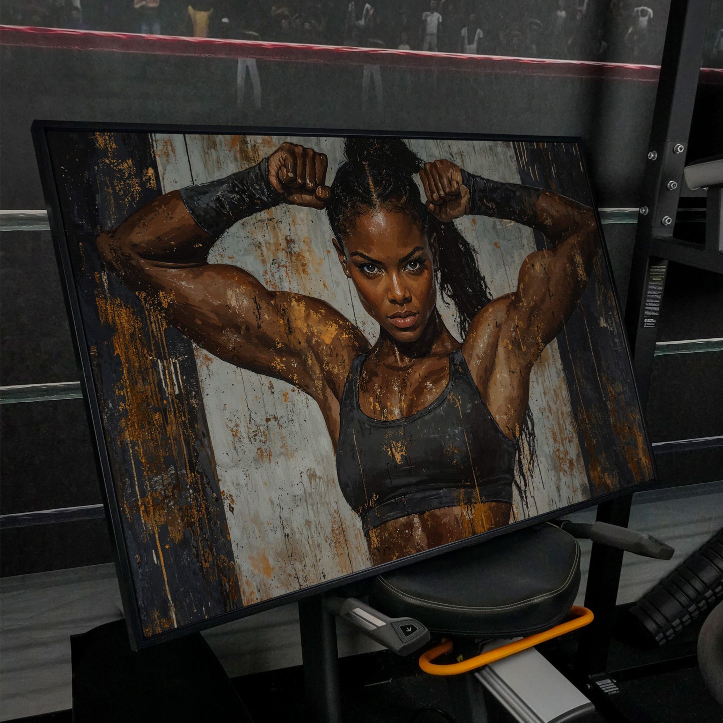 Strong Woman Fitness Motivation Canvas Print in black floating frame