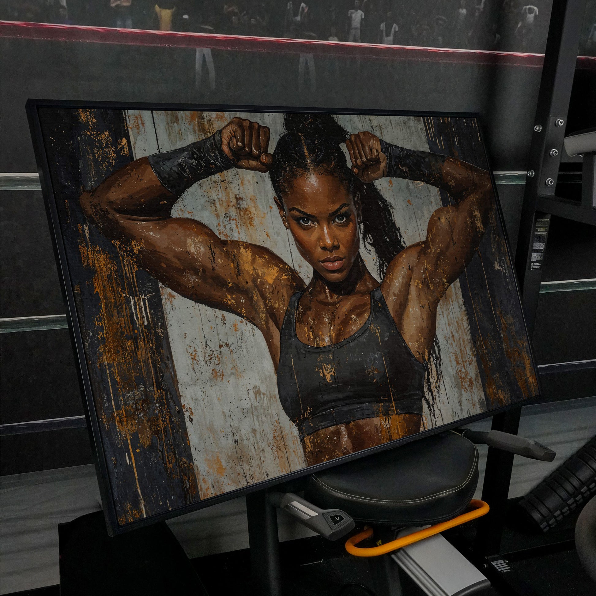 Strong Woman Fitness Motivation Canvas Print in black floating frame