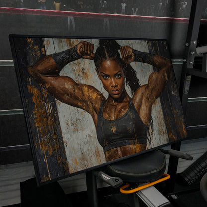 Strong Woman Fitness Motivation Canvas Print in black floating frame