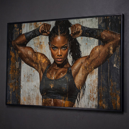 Strong Woman Fitness Motivation Canvas Print shown in black floating frame