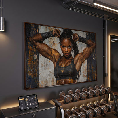 Strong Woman Fitness Motivation Canvas Print in dark walnut floating frame