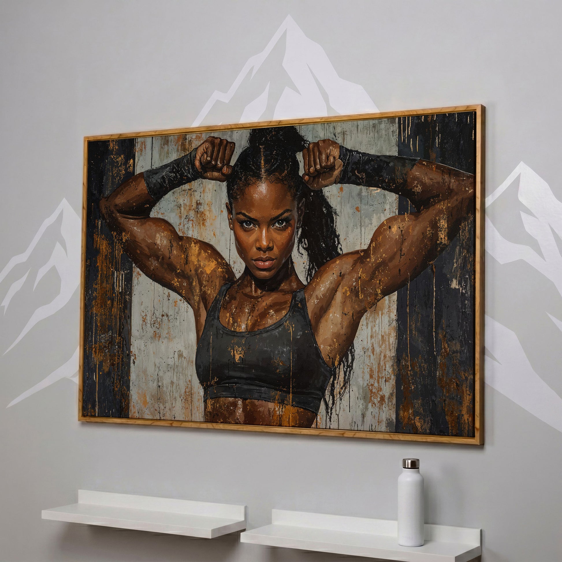 Strong Woman Fitness Motivation Canvas Print in white oak floating frame