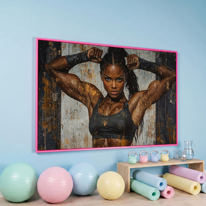 Strong Woman Fitness Motivation Canvas Print in pink floating frame