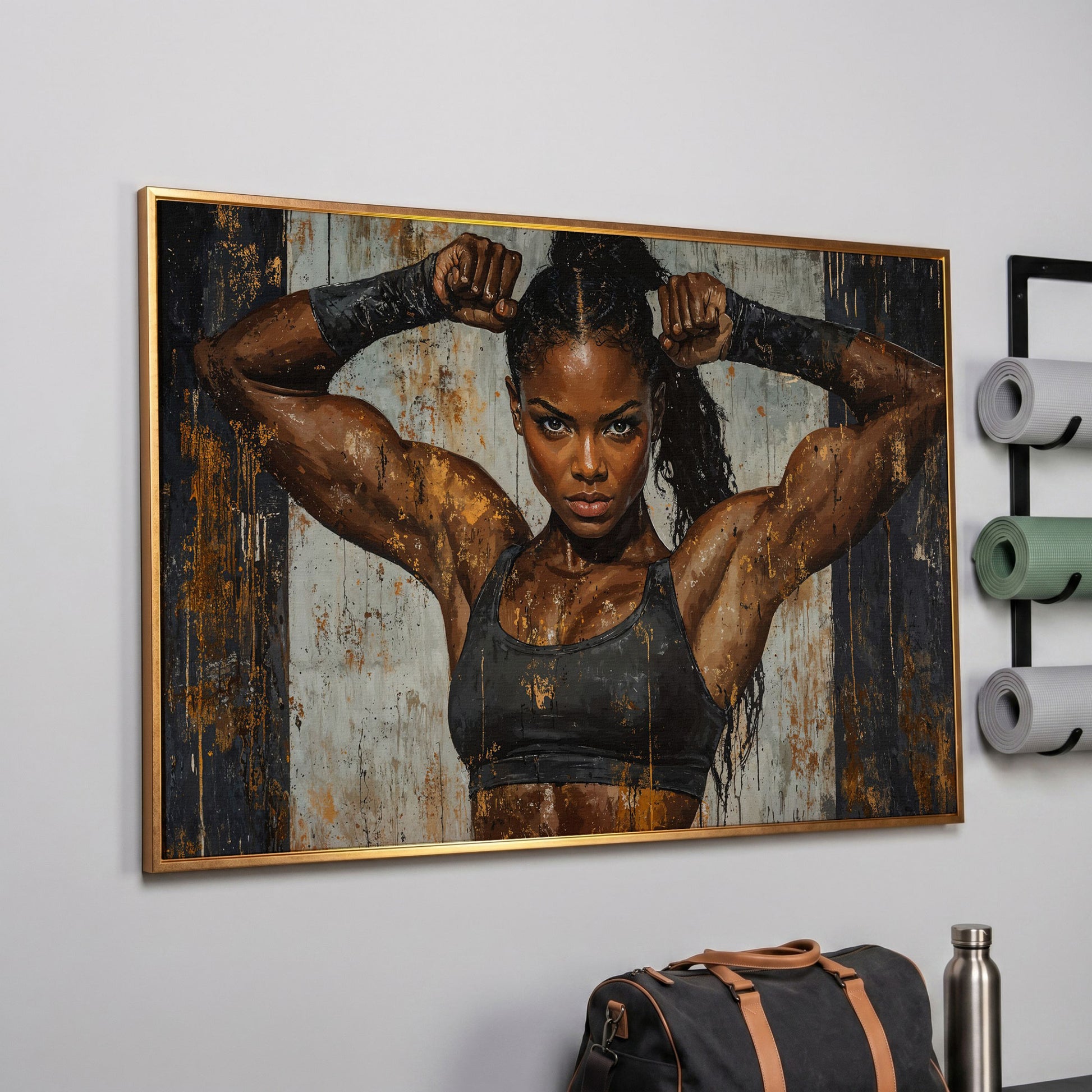 Strong Woman Fitness Motivation Canvas Print in rose gold floating frame