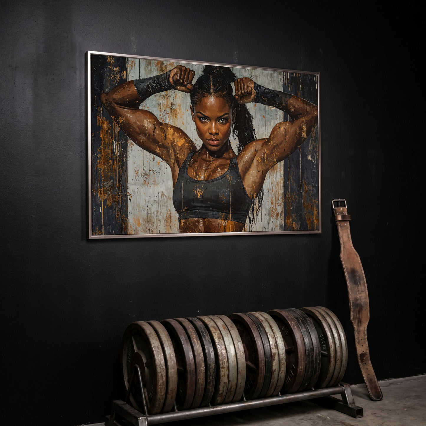 Strong Woman Fitness Motivation Canvas Print in silver floating frame