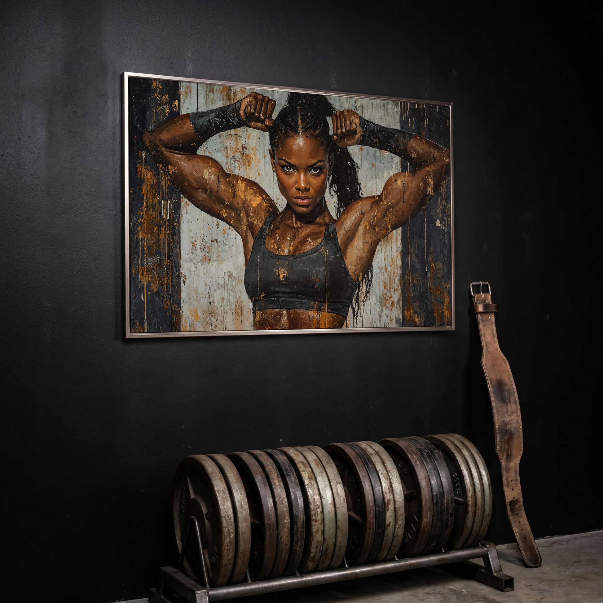 Strong Woman Fitness Motivation Canvas Print in silver floating frame
