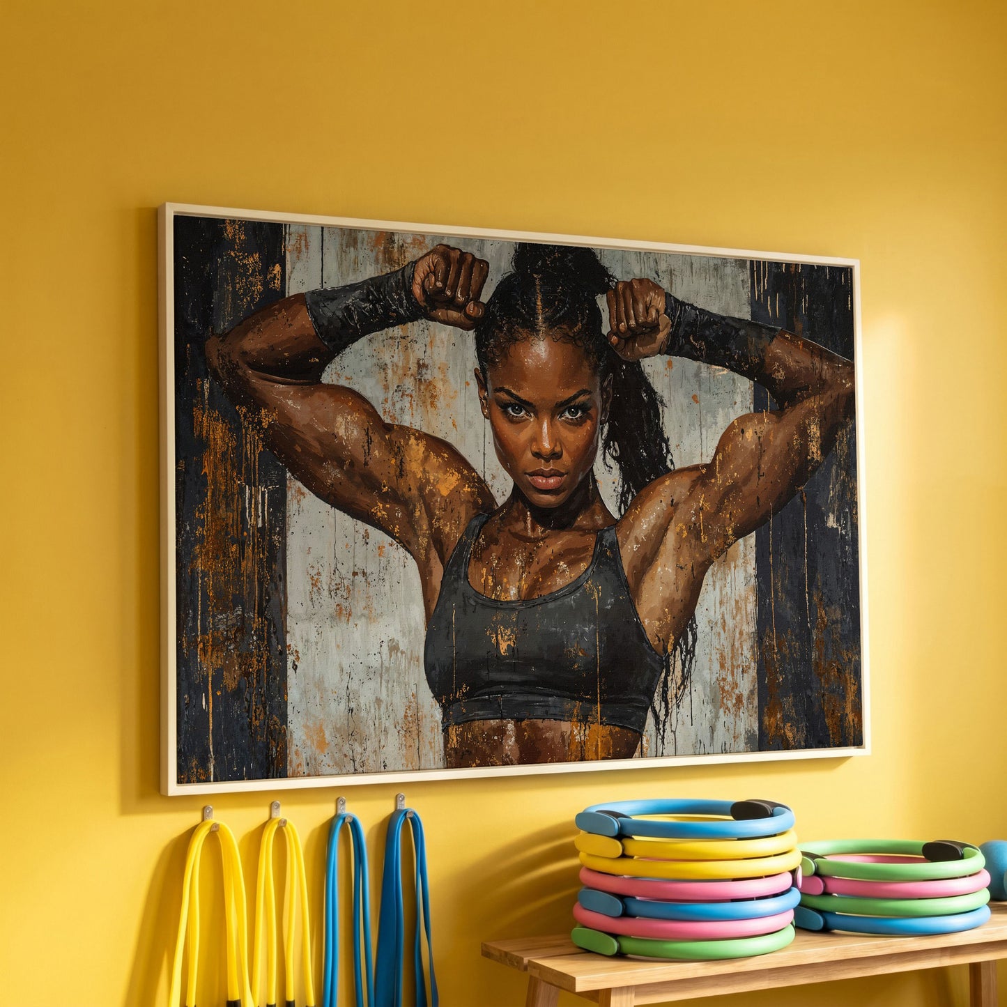 Strong Woman Fitness Motivation Canvas Print in white floating frame